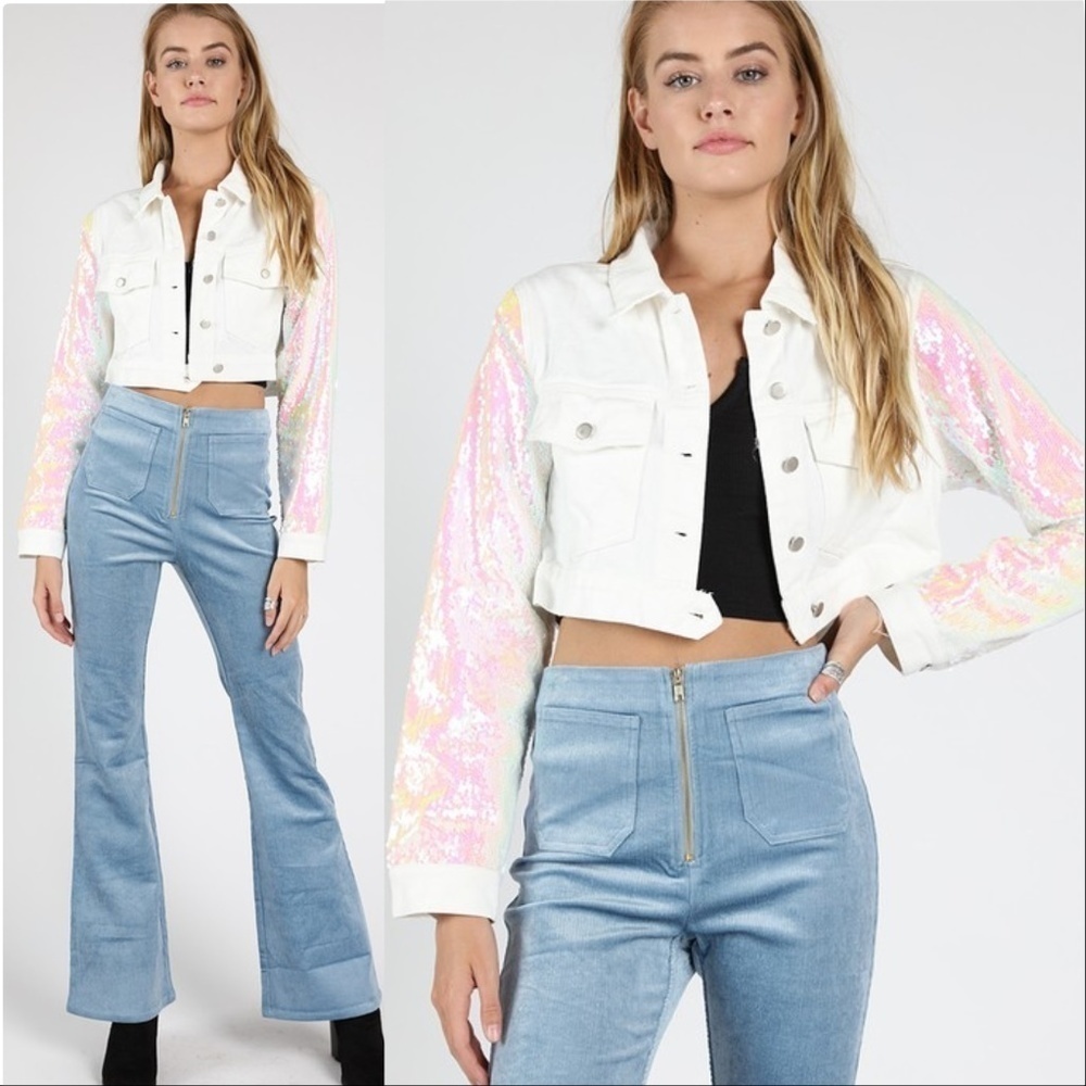 WHITE Denim jacket with sequin sleeves